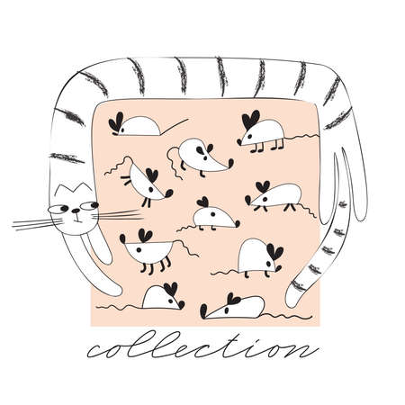Cat with a collection of mauses. Vector fun illustration for children's prints.のイラスト素材