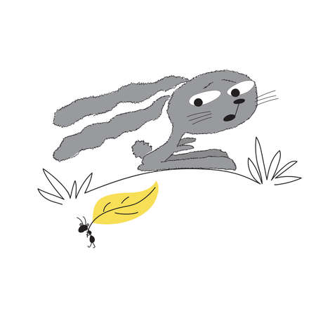 Llittle bunny trembles with fear at the sight of a moving leaf. Funny vector illustration for children's prints.のイラスト素材