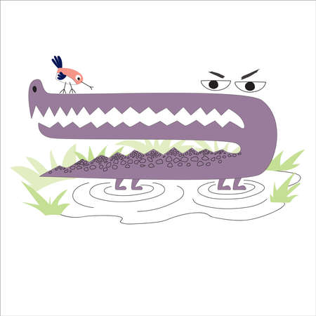 Purple angry crocodile and little bird. Vector fun illustration for children's prints.のイラスト素材