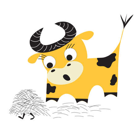 Surprised cow looking at escaping haystack. Fun vector illustration for children's prints. Drawn by hand.のイラスト素材