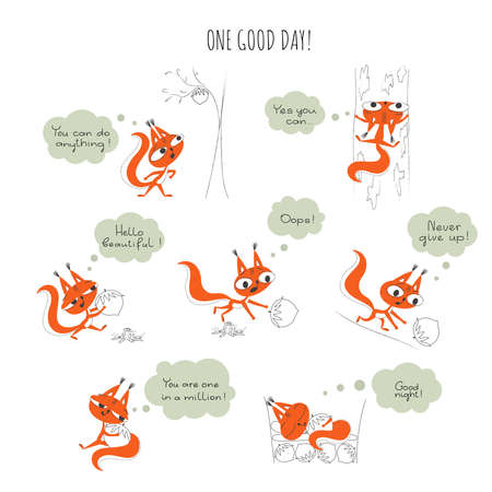 Squirrel Story. Comic story with 7 pictures and speech bubbles with motivational phrases isolated on a white background. Doodle style vector illustration for children's prints.のイラスト素材