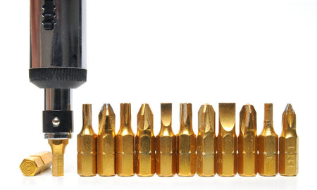 Screwdriver and gold colored bits in a row on white background