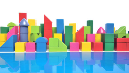 Urban city skyline with multicolored toy blocks on white background