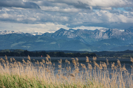 The swiss alps in stormy weather with a lake foregroundの写真素材