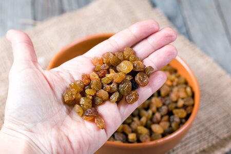 Dried raisin in handの写真素材
