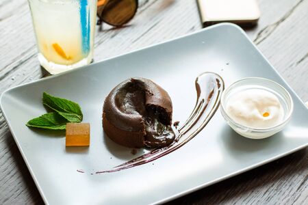 Chocolate fondant on plateの写真素材