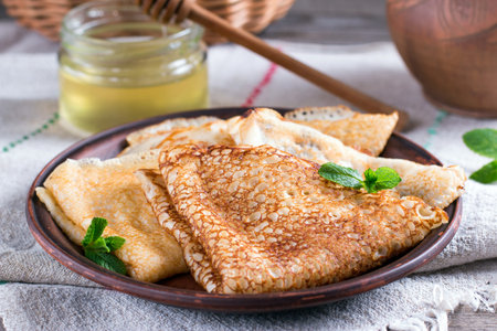 Russian traditional pancakes on milk with yeast, traditional for Russian pancake weekの写真素材