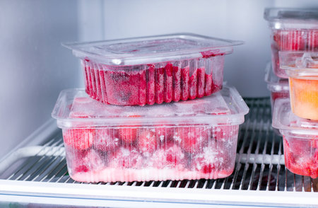 Frozen fruits and berries in a container in the freezer. Frozen foodの写真素材