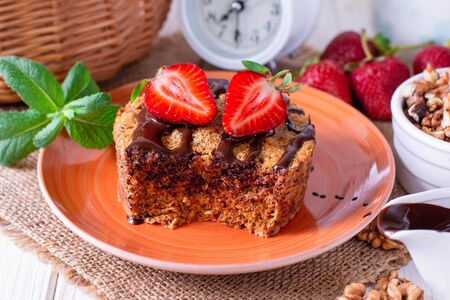 Chocolate carrot cake with Strawberry, healthy foodの写真素材
