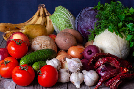 Assortment of fresh fruits and vegetables. Composition with assorted raw organic vegetablesの写真素材
