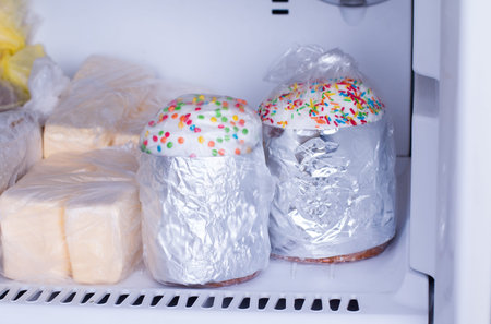 Homemade Easter cake with with traditional decoration in the freezer