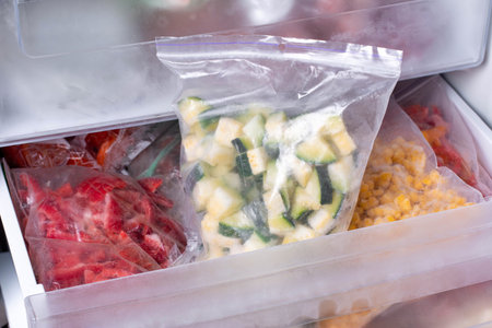 Plastic bags with different frozen vegetables in refrigerator, frozen zucchini. Horizontal