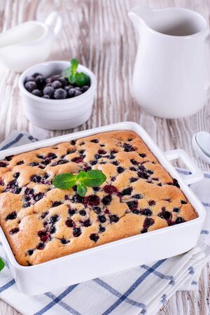 Sponge pie with berries, close-upの写真素材