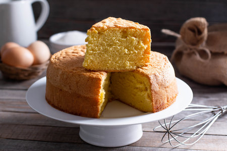 Homemade sponge cake on a white plate on a wooden tableの写真素材