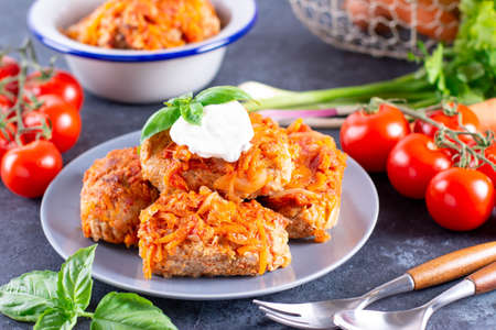 Meatballs with cabbage. Lazy cabbage rolls with vegetables on concrete backgroundのeditorial素材