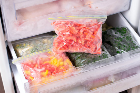 Frozen peppers in a plastic bag in the freezer. Frozen vegetables. Concept of healthy eating.