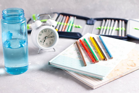 Education stationery on table. School notebook and various stationery. Back to school concept.