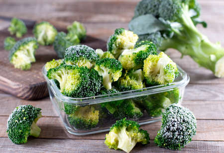 Broccoli in a glass container for long-term storage. Deep freezing of vegetables.の写真素材