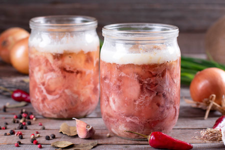 Canned meat in a glass jar on a wooden table