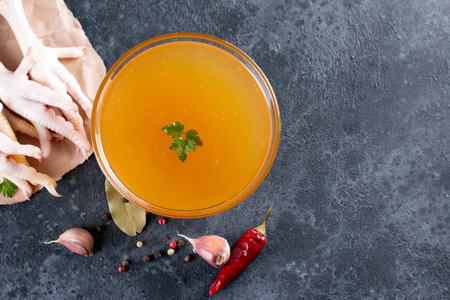 Chicken bone broth on dark gray background, with vegetables in the background. Copy space. Top view. Space for text.の写真素材