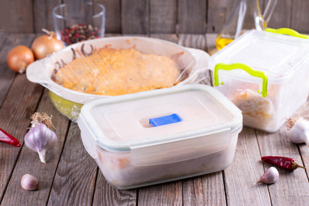 Ready food in a container. Food for freezing. Product packaging.の写真素材