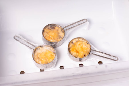 Frozen food in the freezer. Frozen Casserole, julienne. Mushroom, chicken and cheese gratin in...