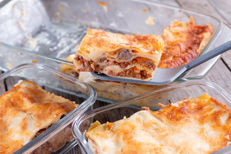 Semi-finished products. Lasagne or casserole in a container. Ready meals. Healthy eatingの写真素材