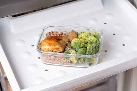 Ready frozen meal in a container in the refrigerator. Frozen food in the freezer. Fast cooking...
