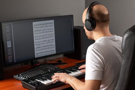 Man hands playing the piano and watching computer at home