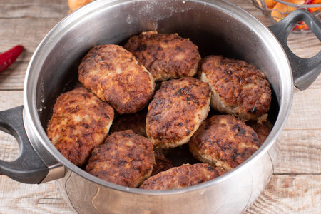 Fried cutlets in a saucepan. Homemade cutlets, diet food, healthy food