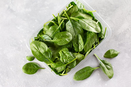Fresh Spinach Leaves. Raw Spinach for vegetarian or vegan salad or smoothie on a gray concrete...