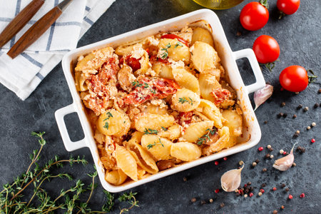 Trending viral recipe of baked tomatoes and feta with pasta. Fetapasta on a dark background. Top view, copy space.の写真素材