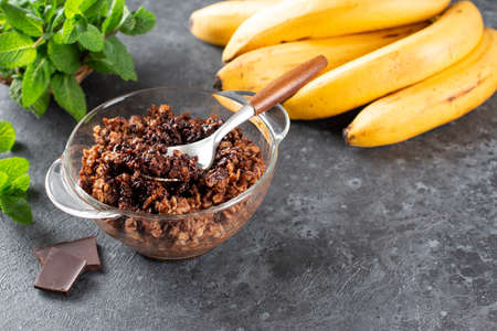 Chocolate oatmeal porridge topped with chocolate. The concept of a breakfast. Copy space.の写真素材