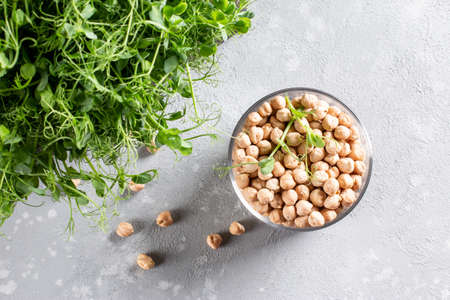 Chickpeas sprouts and dry chickpeas on a light table. Healthy organic food grown at home. Home planting. Top view.の写真素材