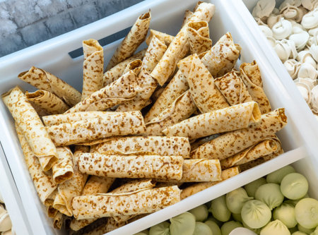 Frozen thin pancakes sold by weight in a refrigerator container on a store counter. Frozen food salesの写真素材