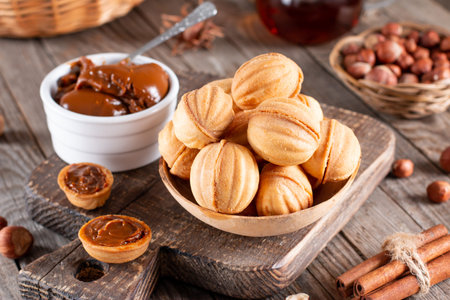 Delicious walnut shaped cookies filled with sweet condensed milk and nuts on old wooden background,...