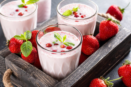 Glass of freshly made strawberry smoothie on old wooden background. Healthy food and drink conceptの写真素材