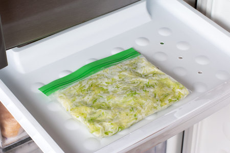 Frozen Grated Zucchini. Bags with frozen vegetables in refrigerator