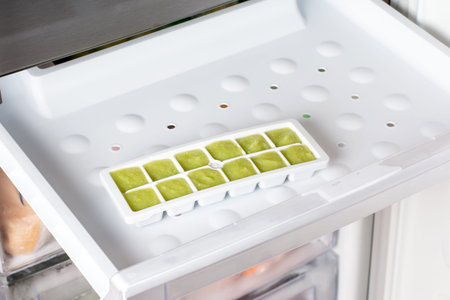 Frozen zucchini puree in ice cubes tray in refrigerator. Frozen Food Concept.
