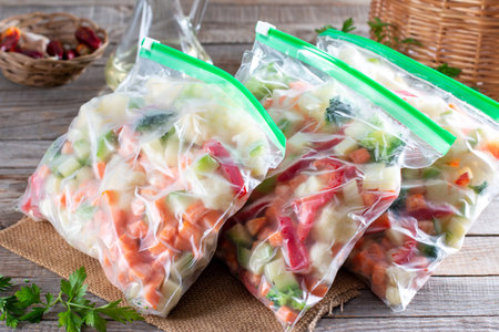 Frozen vegetables in bags, cold healthy diet food, freeze. Frozen foodの写真素材