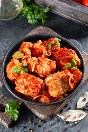 Delicious Chinese food - sweet and sour fish fillet. Fish stew with tomato.の写真素材