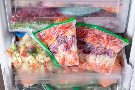 Frozen vegetables in bags, cold healthy diet food, natural. Frozen Food.