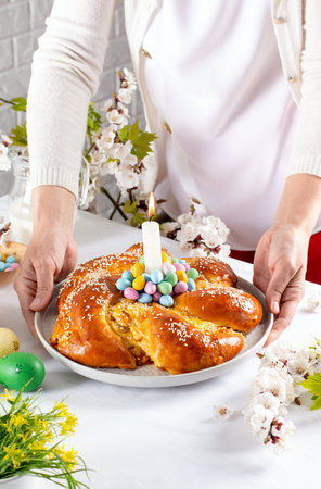 Easter traditional sweet bread and eggs, closeup. Orthodox Christian Easter tradition