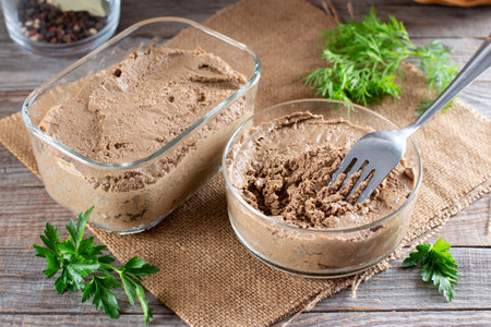 Liver pate in a glass jar on a wooden tableの写真素材