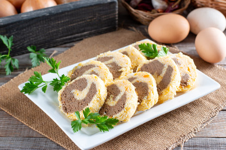 Liver and cheese roll on a wooden table, liver roll pate on a plate, selective focusの写真素材