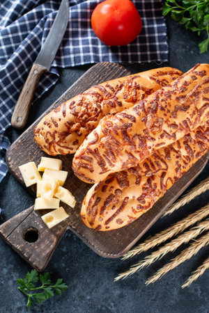 Cheese bread. Homemade Cheesy Breadsticks on a dark blue background