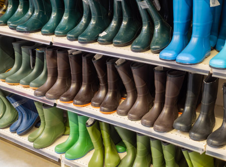 Rubber boots of different colors on store shelves. Assortment rubber boots for hunting and fishing in a store. Colorful rubber rain boots on the shelf of a store, waterproof footwear for fall.の写真素材