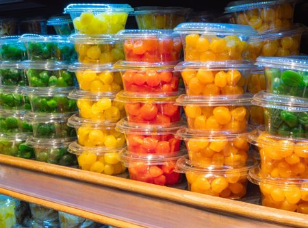 Candied citrus fruits kumquat in a containers on a store shelf. Candied kumquat, candied fruit, dried kumquat, vegetarian food. Close-up.の写真素材