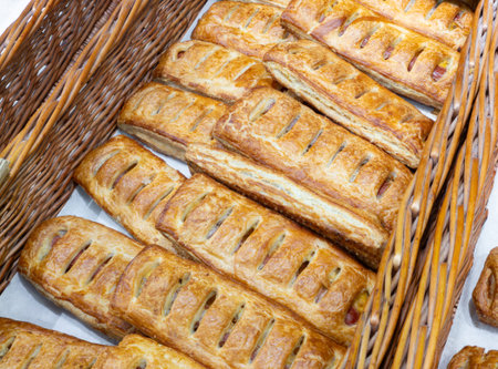 Freshly baked crispy bread buns on a counter or shelf in a store, close-up. Bakery products are sold...