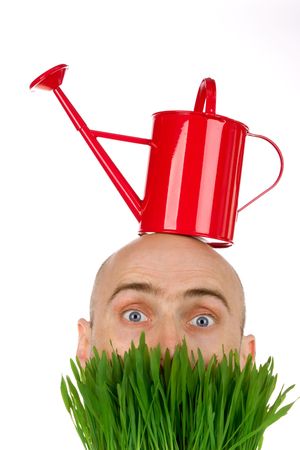 Blue eyed hairless man with red watering can on white background look out behind green grassの写真素材
